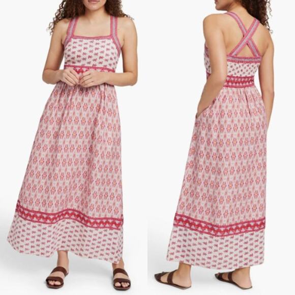 Faherty Gracie Linen Maxi Dress Mixed Prints Boho Artsy Clara Ikat Size Large - Picture 1 of 13